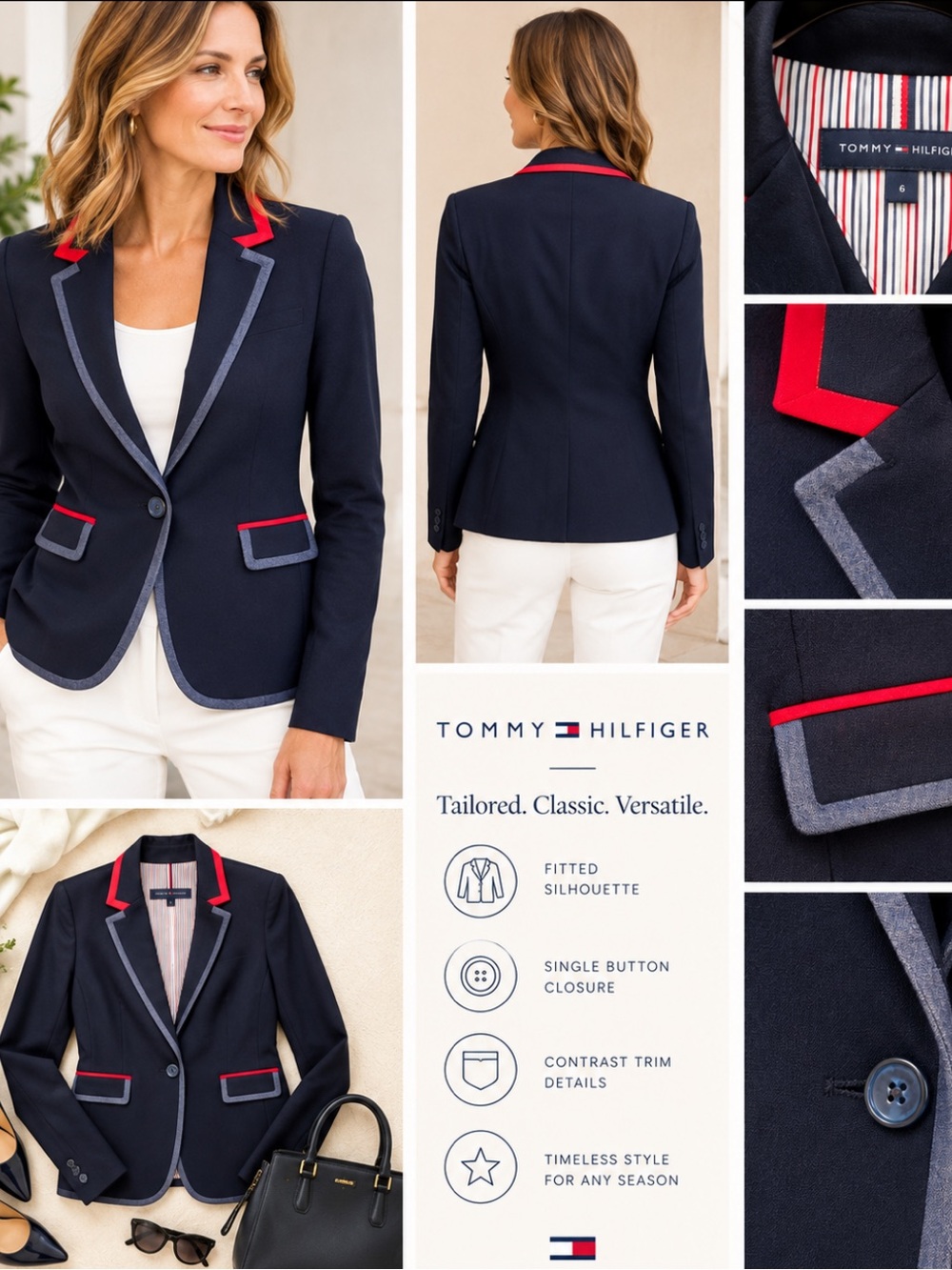Tommy Hilfiger Navy Blazer with Red Trim and Chambray Piping